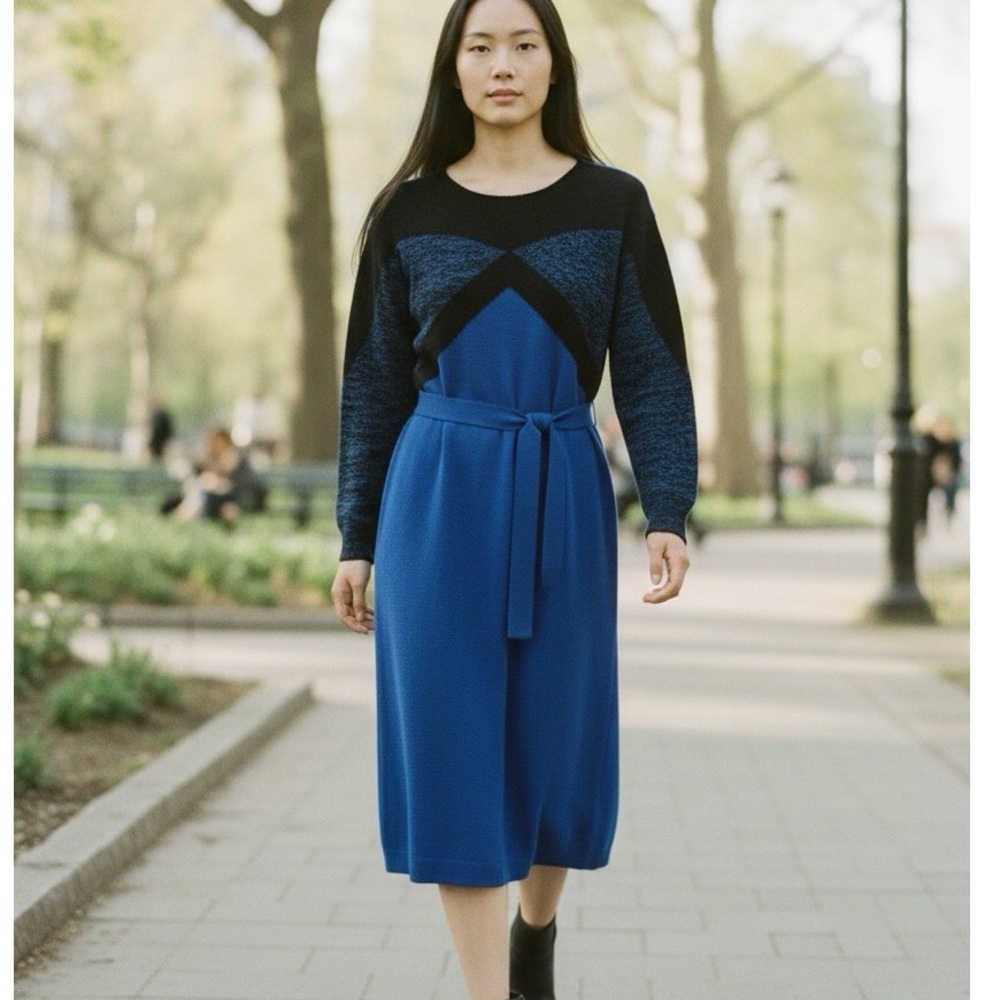 NWT Vintage Sweater Dress M Blue Black Angora Wool Blend
